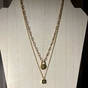 Gold tone Layered T Initial Gemstone Necklace Set